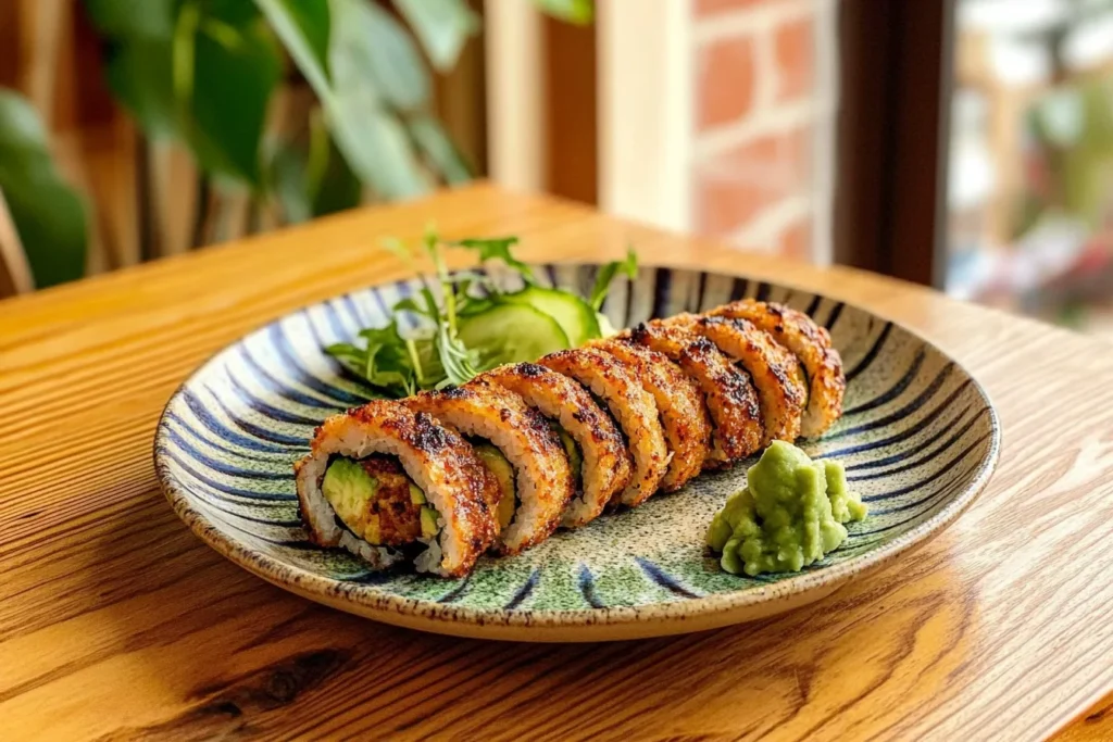 Chicken tempura roll on a plate