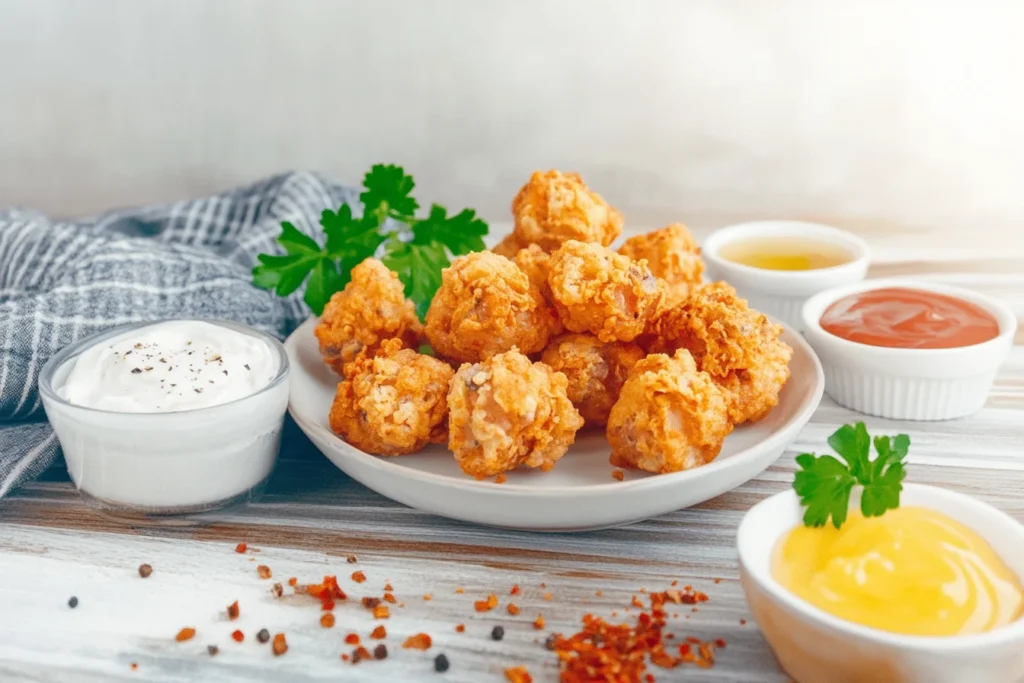 "Served fried salmon with dips"