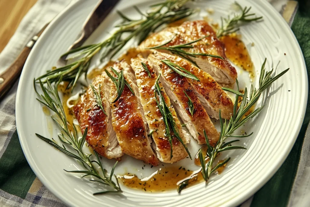 Tender cooked chicken on a plate