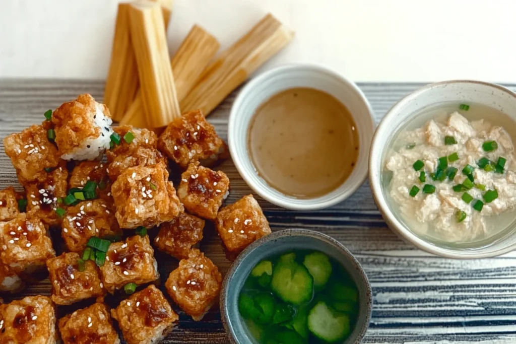 Chicken tempura roll served with sides