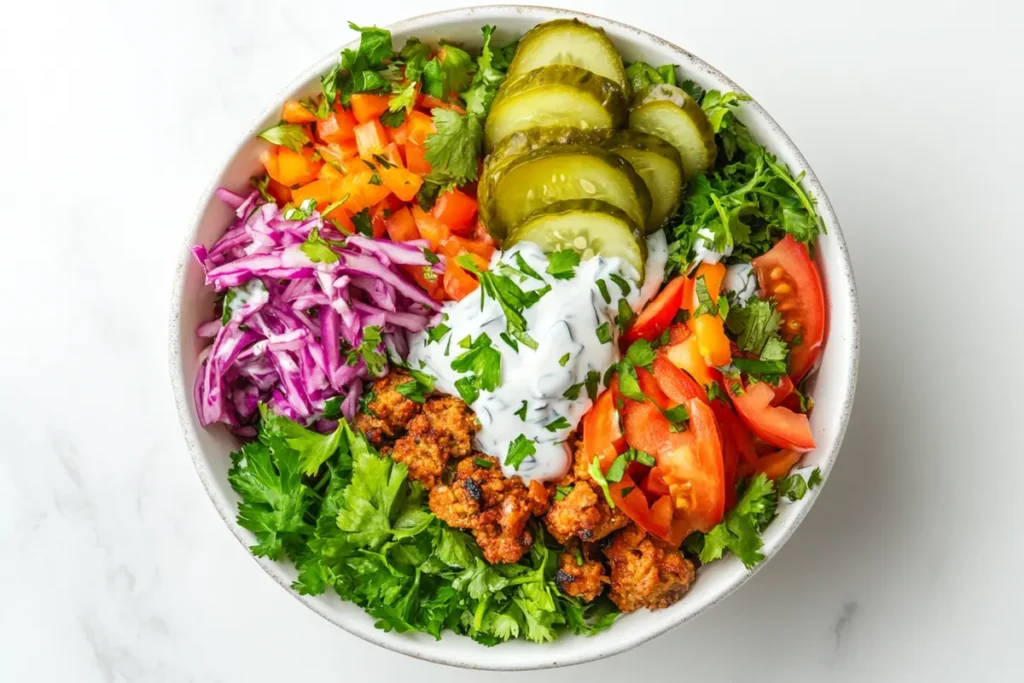 Low-calorie toppings for a burger bowl