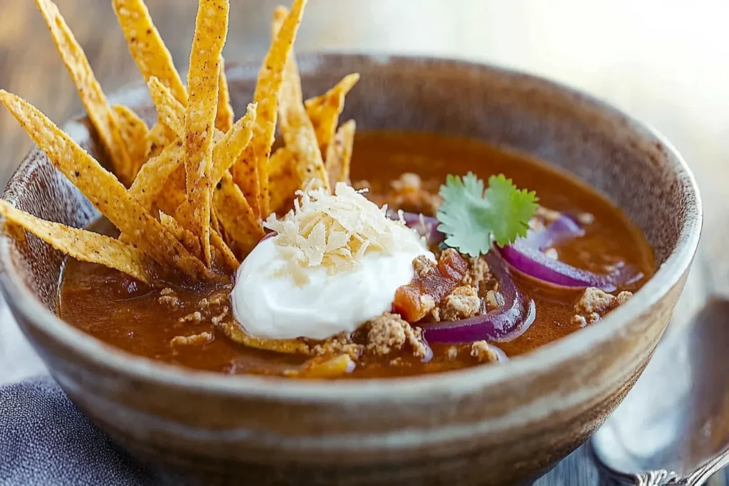 "Taco soup with classic toppings"