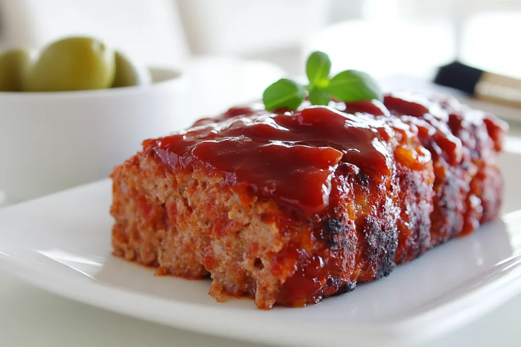 Meatloaf topped with glossy ketchup glaze on a ceramic plate