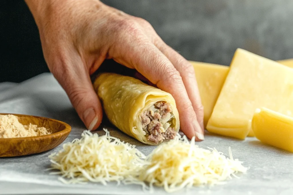 Assembling reuben egg rolls