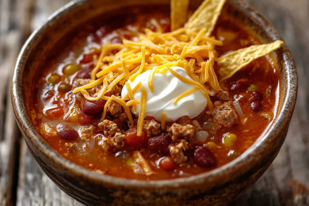 What can I use to thicken taco soup? A thickened taco soup bowl