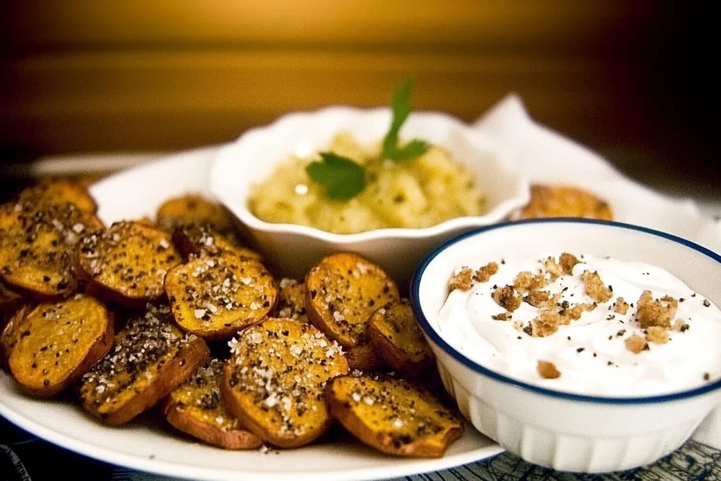 Baked Sweet Potato Slices served with dip.