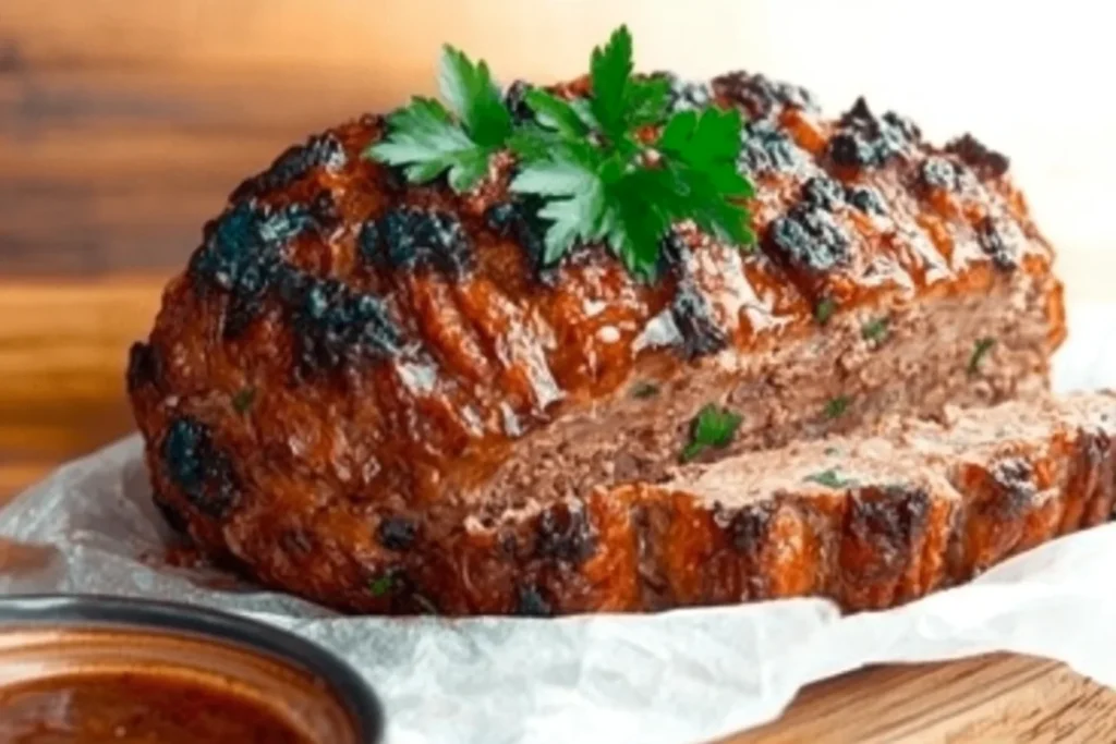 Freshly cooked meatloaf with a caramelized glaze served on a wooden cutting board.