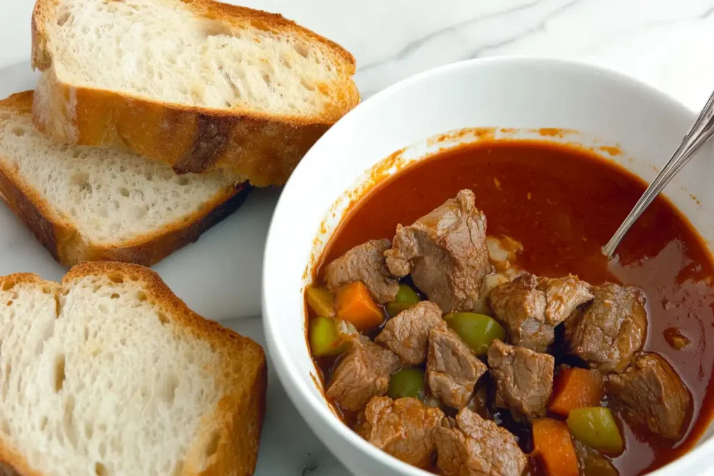 Spanish beef stew on white marble