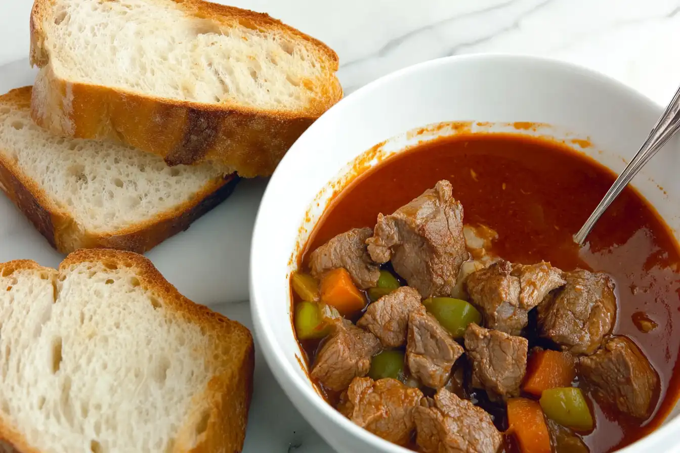 Spanish beef stew on white marble