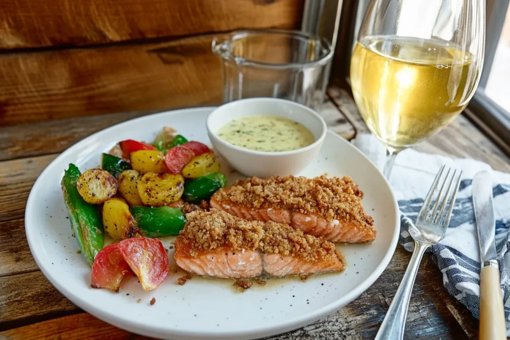 "Plated crispy fried salmon"