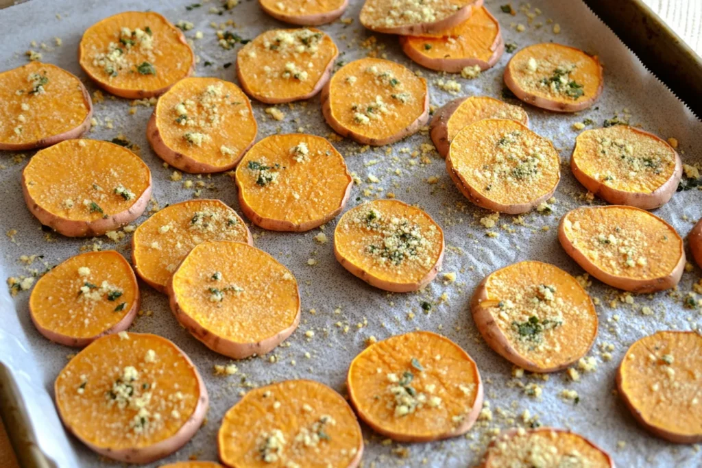 Seasoned Baked Sweet Potato Slices on a pan