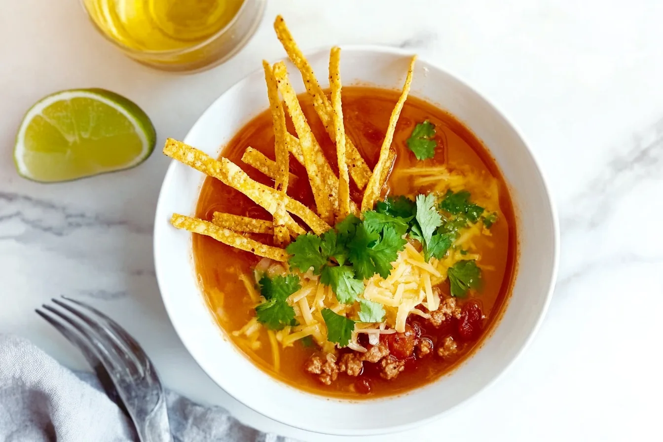 "Taco soup Frios in a bowl with toppings"