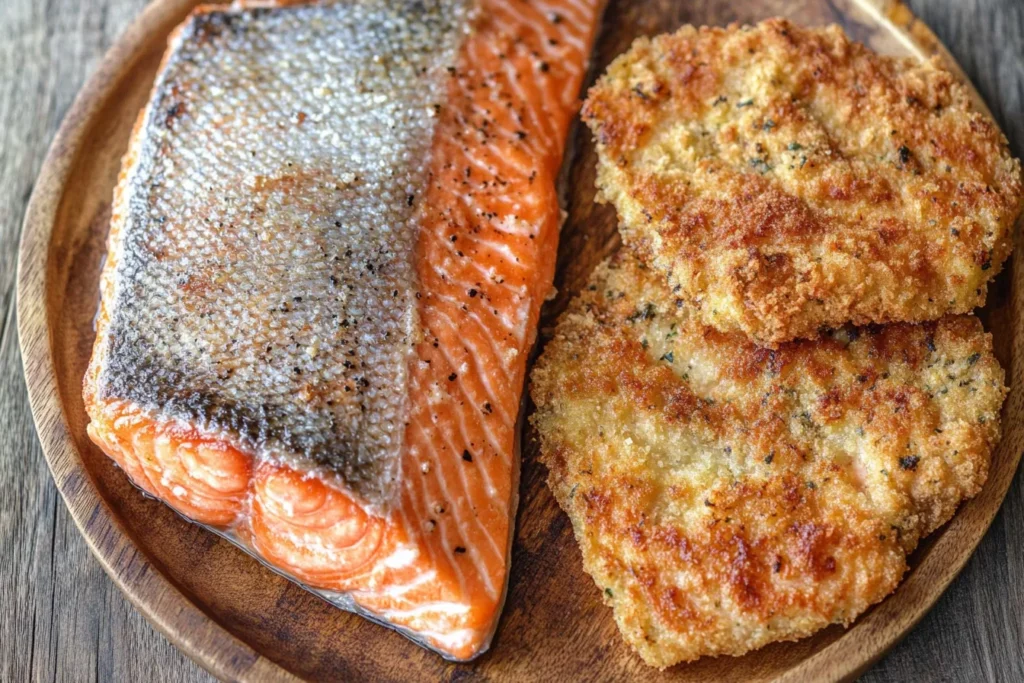 "Baked and fried salmon side by side"