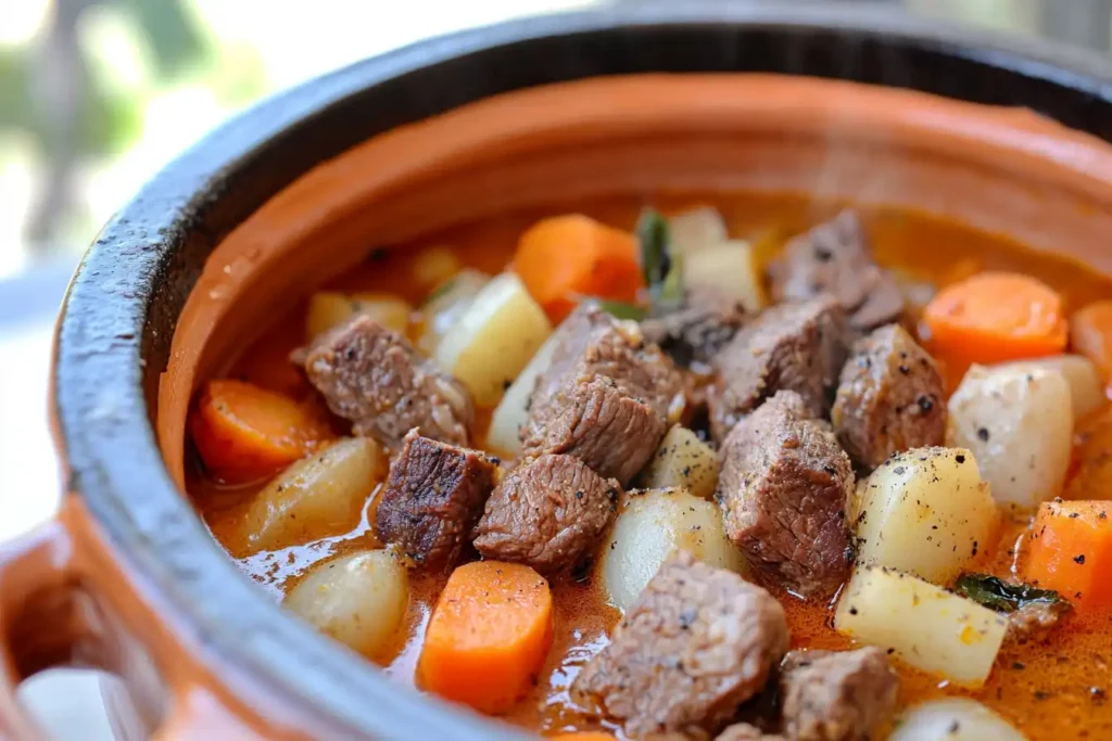 Beef stew cooking in a clay pot