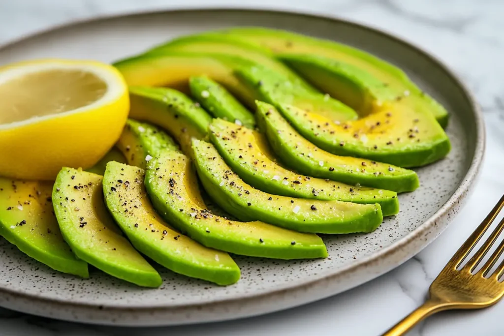 Avocado slices with salt, pepper, and lemon