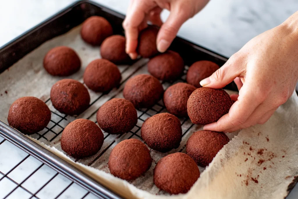 Homemade chocolate mochi being formed