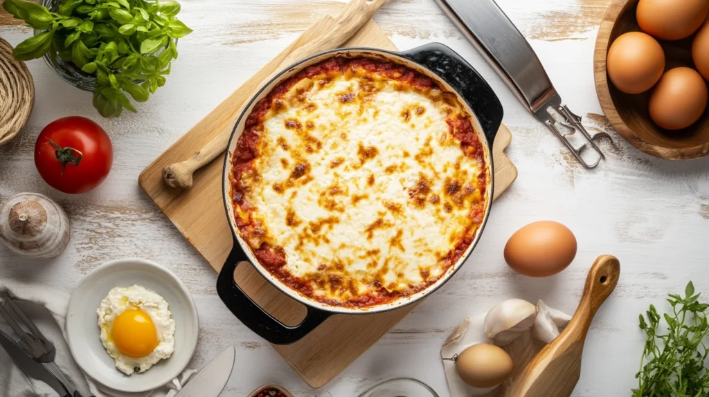 What happens if you don't add egg to ricotta for lasagna? Overhead view of a sliced lasagna.
