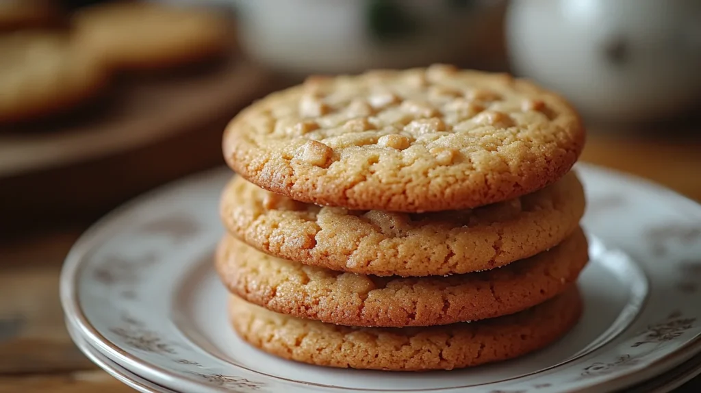 Golden butter crunch cookies stacked on a plate, showing their crisp edges and caramelized surface