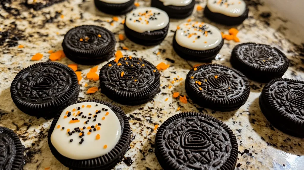 Halloween Oreos arranged on a festive plate