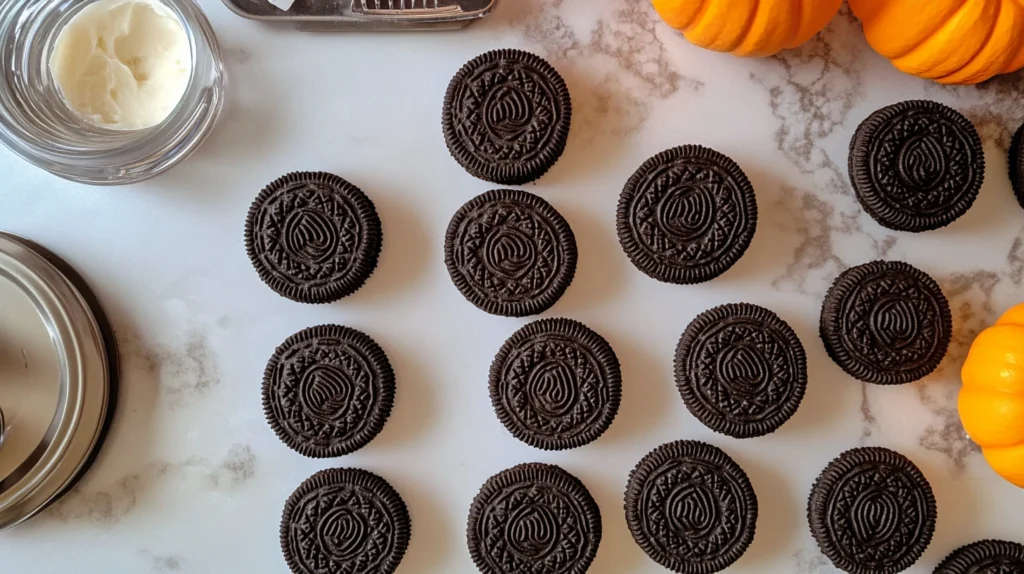 halloween oreos on a decorative plate