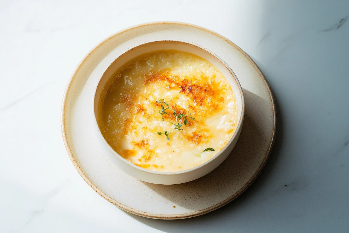 A ramekin of crab brulee with caramelized sugar topping.