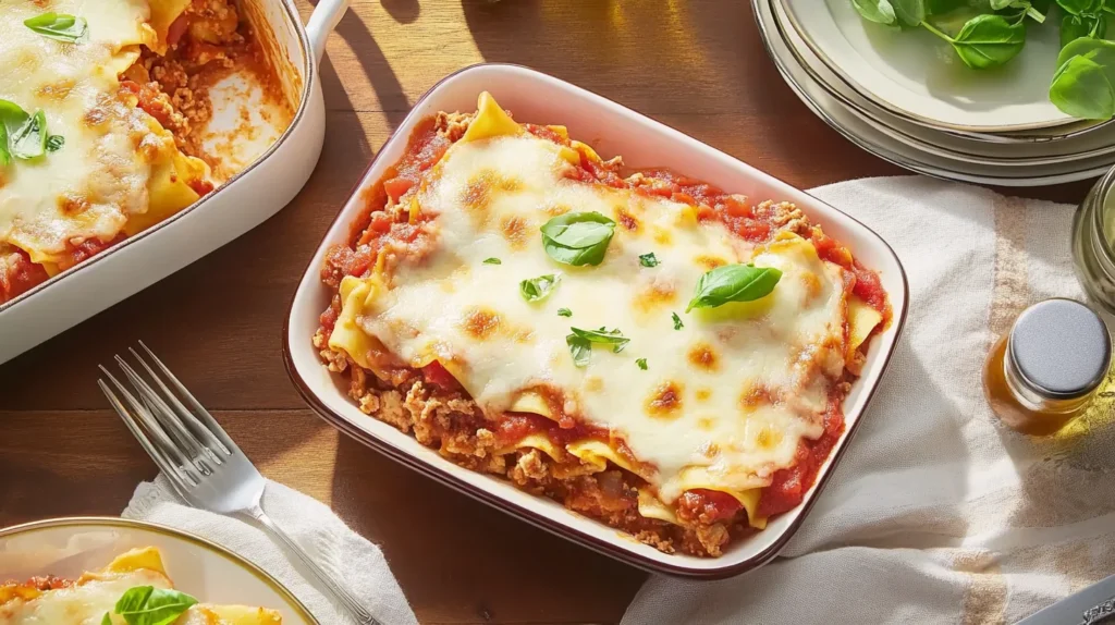 A close-up top-down shot of homemade pasta layers illustrating what is the difference between lasagne and lasagna?