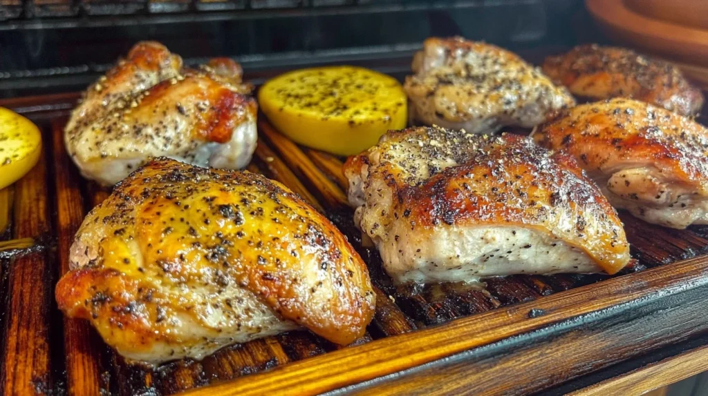 Tender cooked chicken, ready to eat, close-up shot.