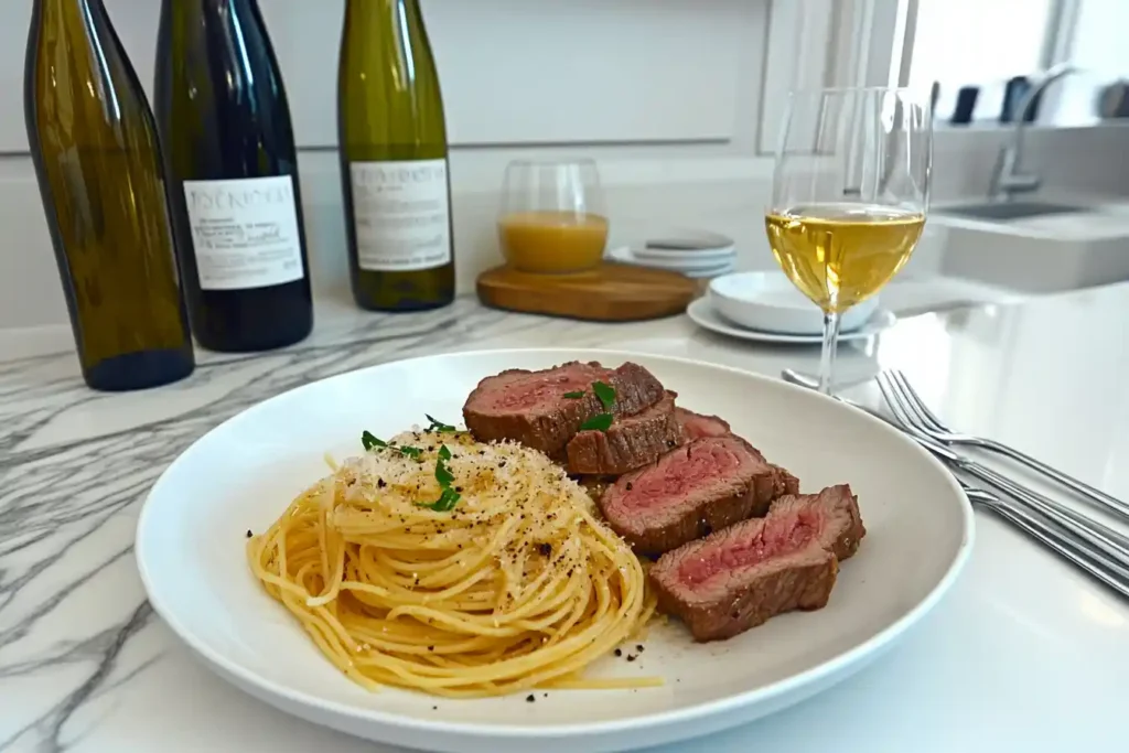 "Steak pasta plated dish"