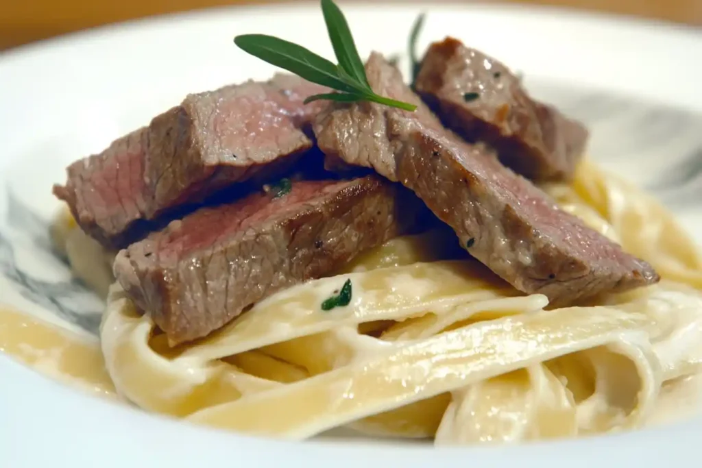 "Steak paired with pasta dish"	